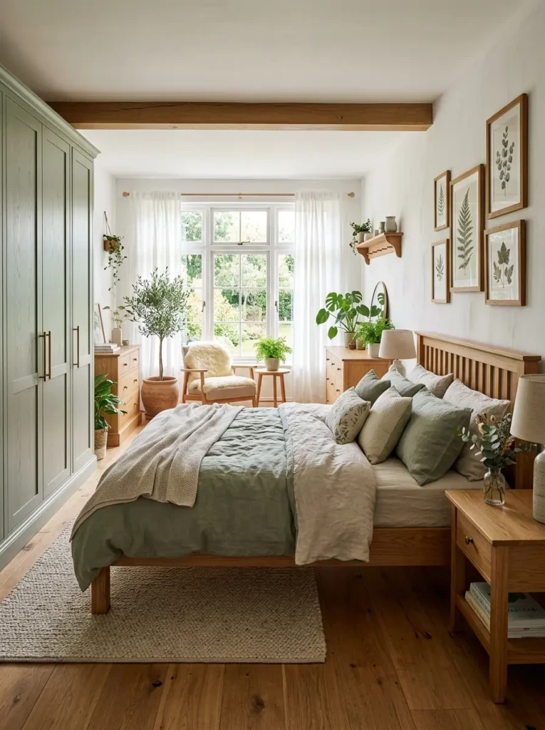 Peaceful bedroom featuring a sage green wardrobe, oak furniture, botanical decor, and soft natural light.