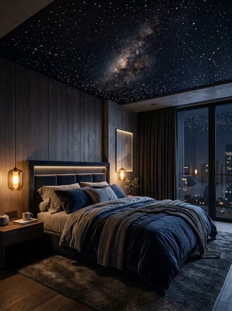 Dreamy modern bedroom with a star-like LED ceiling effect creating a magical nighttime atmosphere.