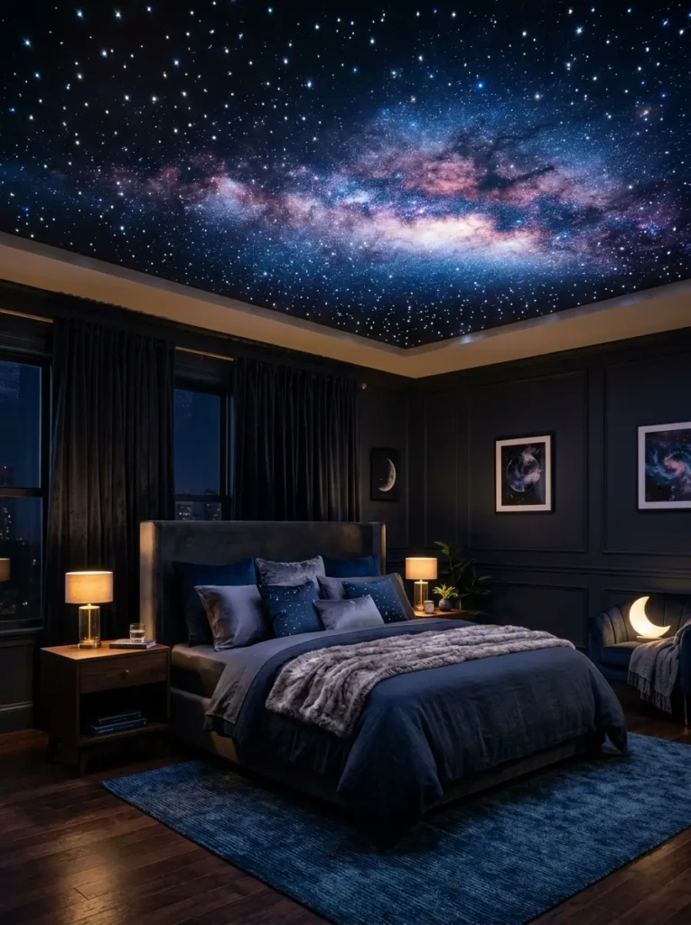 Luxury bedroom with starry LED false ceiling creating a magical atmosphere.