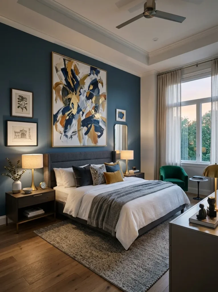 Modern bedroom featuring large decorative artwork above the bed and curated decor.
