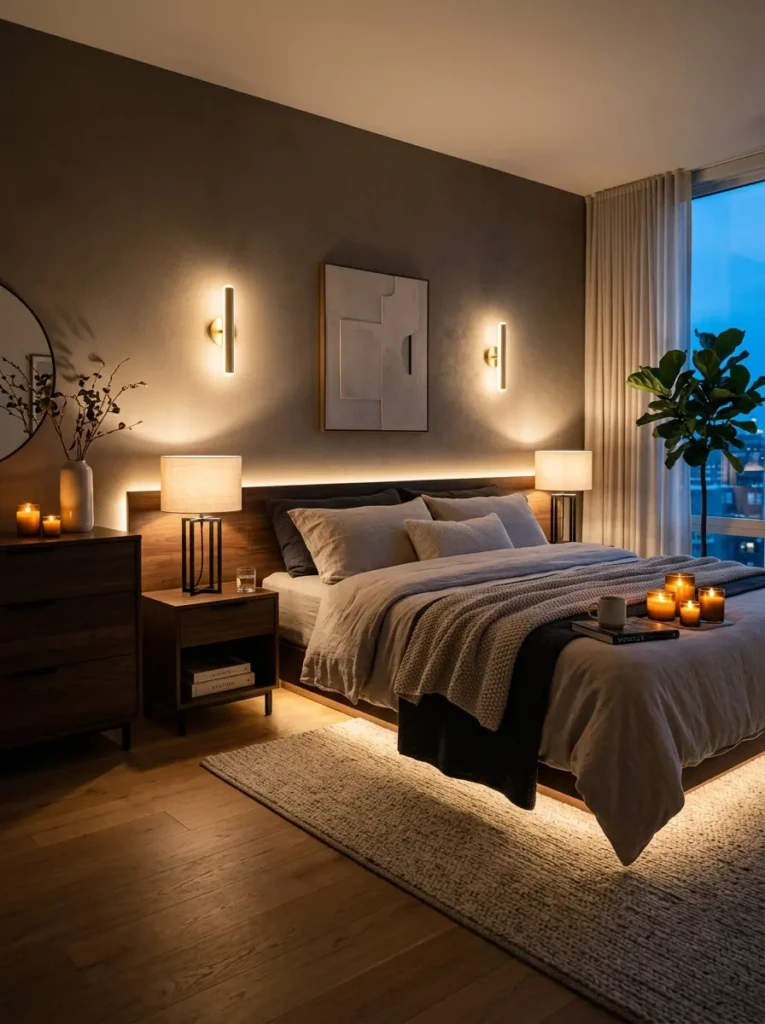 Modern bedroom featuring soft wall sconces, table lamps, and warm evening lighting.