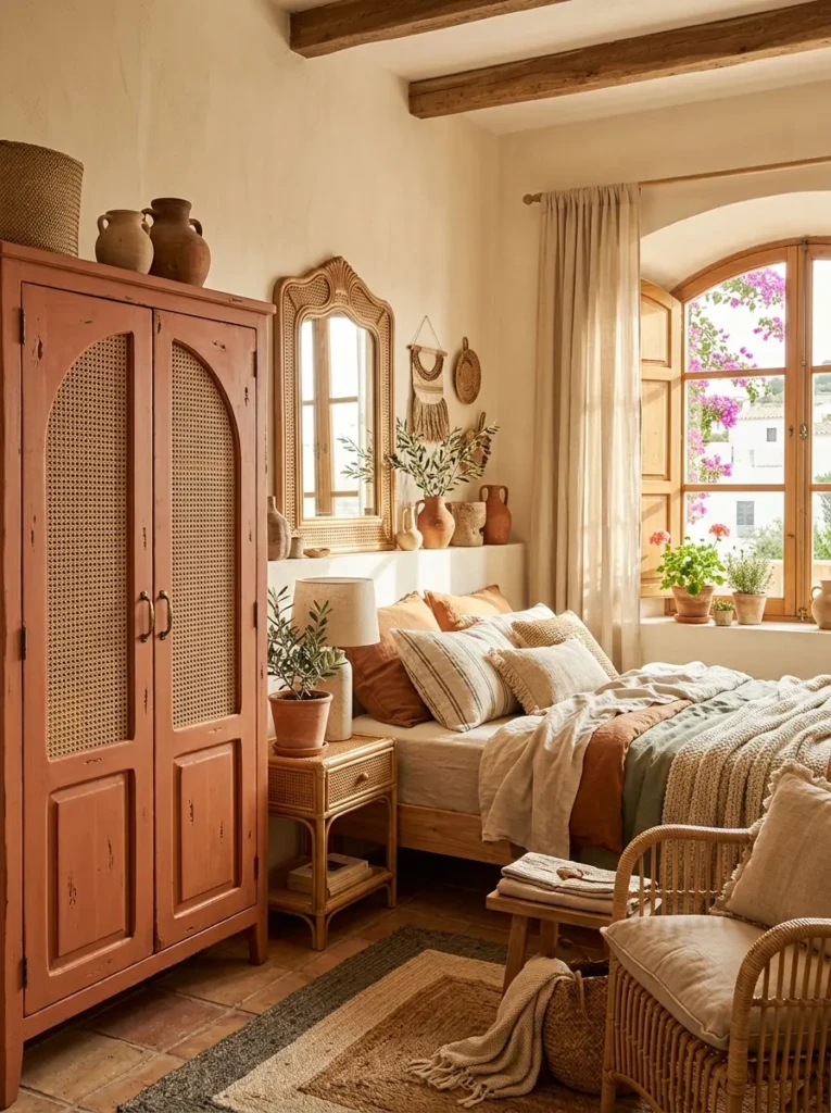 Cozy bedroom with a terracotta wardrobe, rattan furniture, cream walls, and Mediterranean-inspired decor.