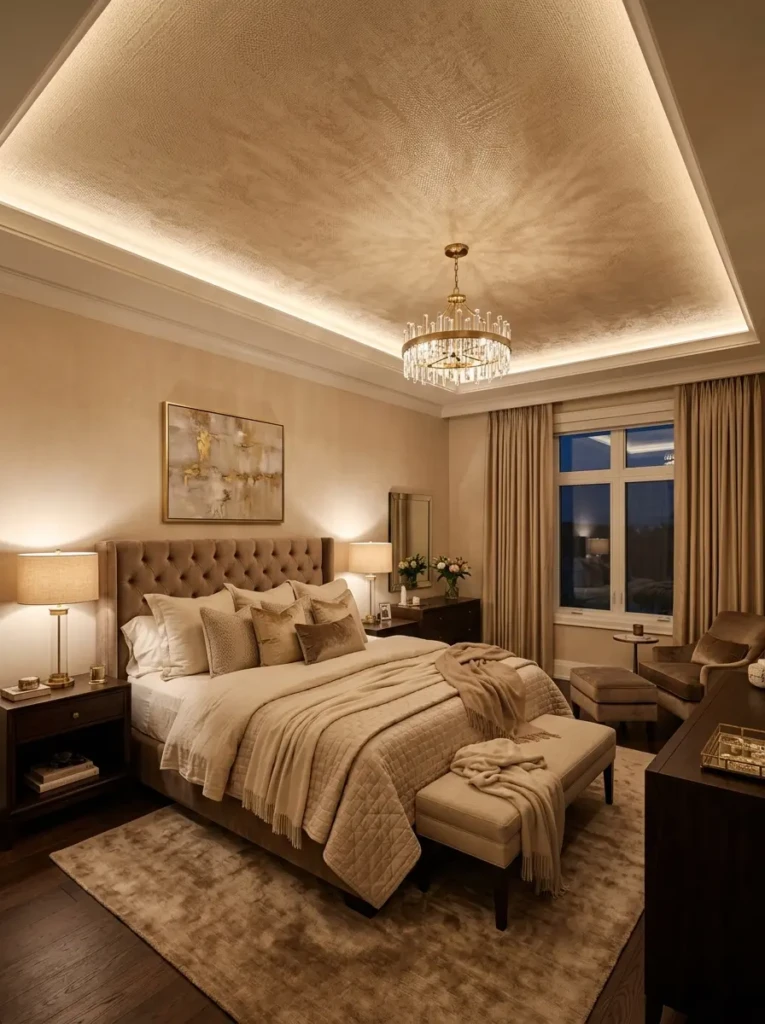 Elegant bedroom featuring a fabric-inspired textured ceiling finish with warm neutral tones and layered lighting.