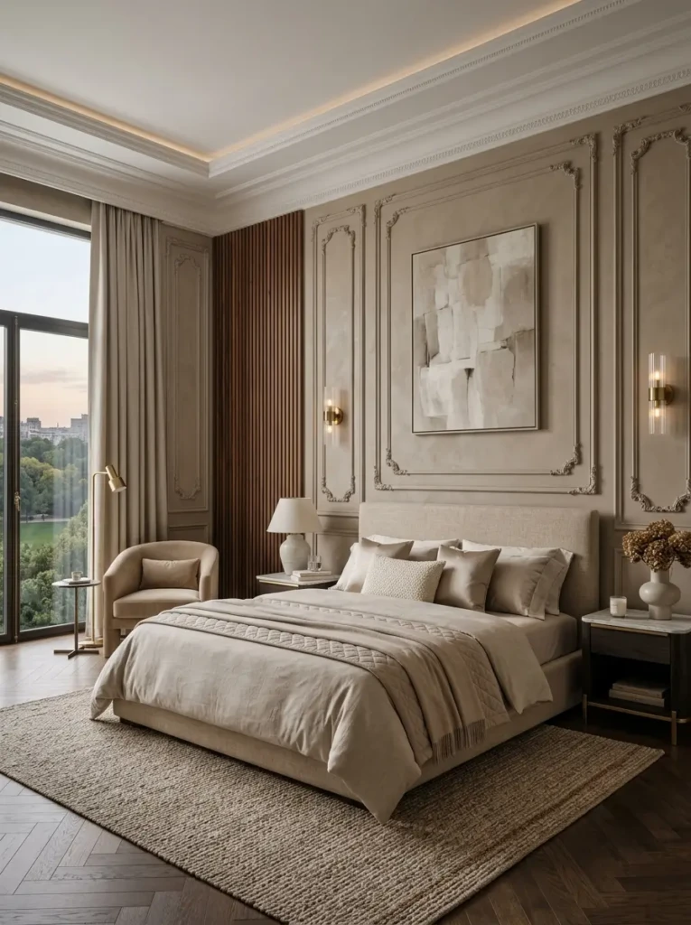 Sophisticated bedroom with decorative wall paneling and elegant textured finishes.