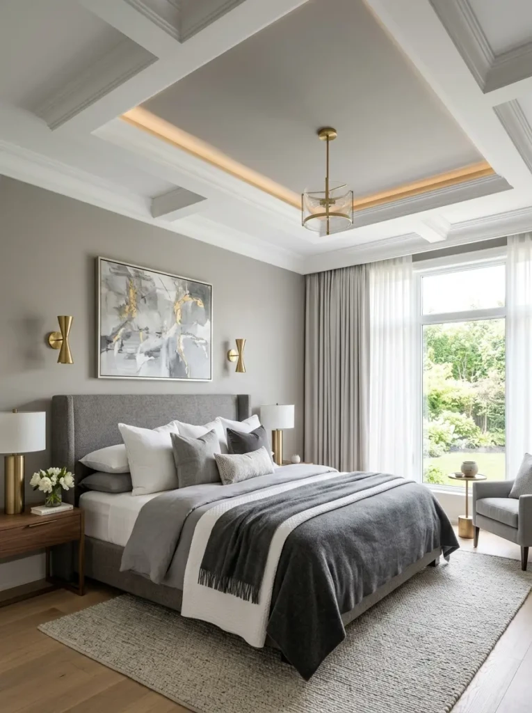 Elegant bedroom with a two-tone false ceiling in soft neutral shades.