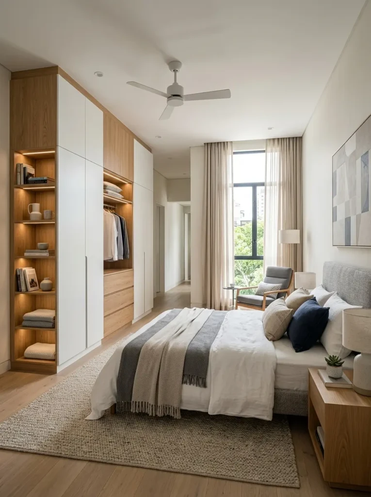 Modern bedroom featuring a two-tone wardrobe with white and wood finishes, clean lines, and coordinated decor.