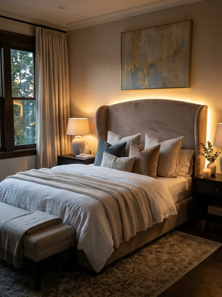 Upholstered bed with hidden LED backlighting and layered bedding in a warm, inviting bedroom.