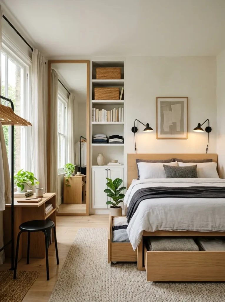 Small modern bedroom with wall sconces, storage solutions, and large mirror.