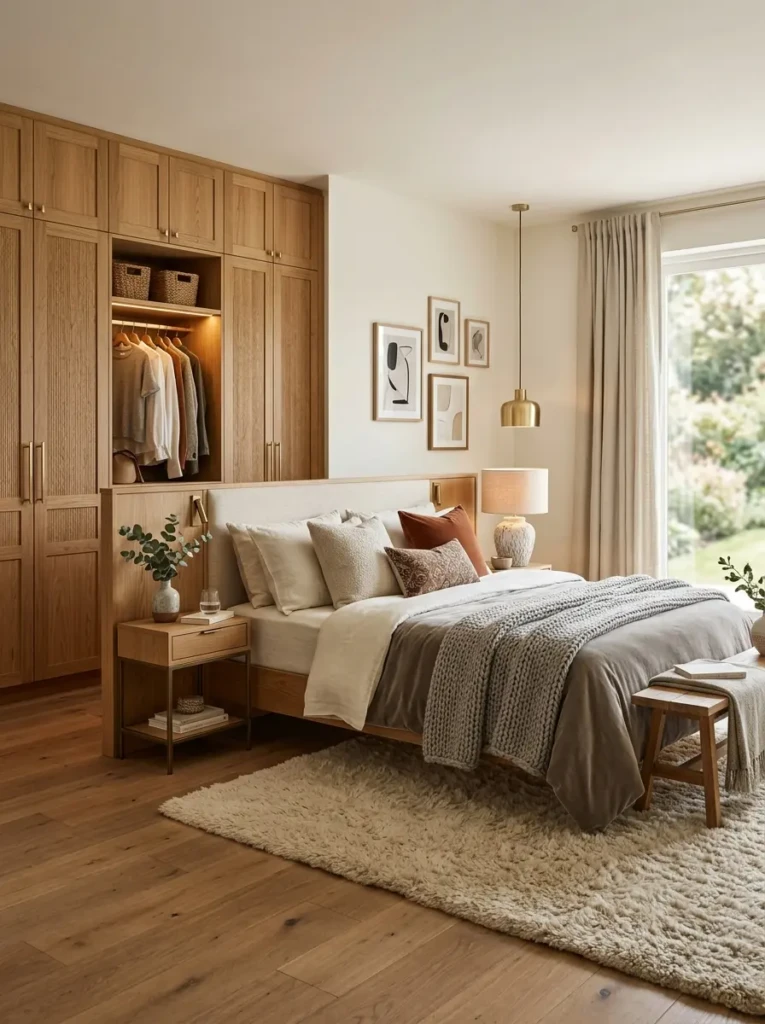 Beautiful wardrobe design surrounded by cozy decor and timeless modern bedroom styling.