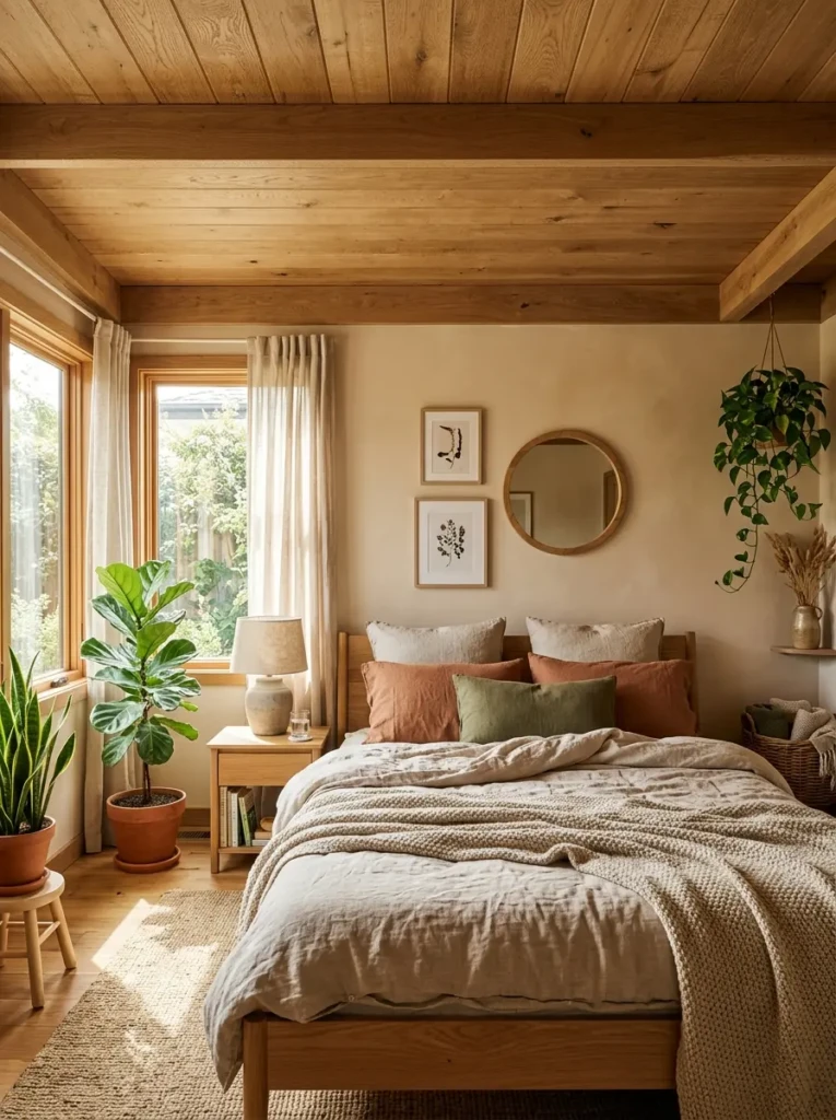 Cozy bedroom with wooden panel false ceiling and warm natural textures.
