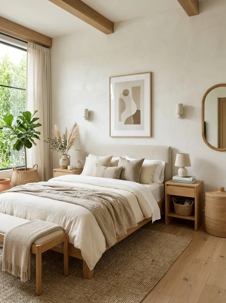 Bedroom featuring woven baskets, ceramic decor, and warm natural wood accents.
