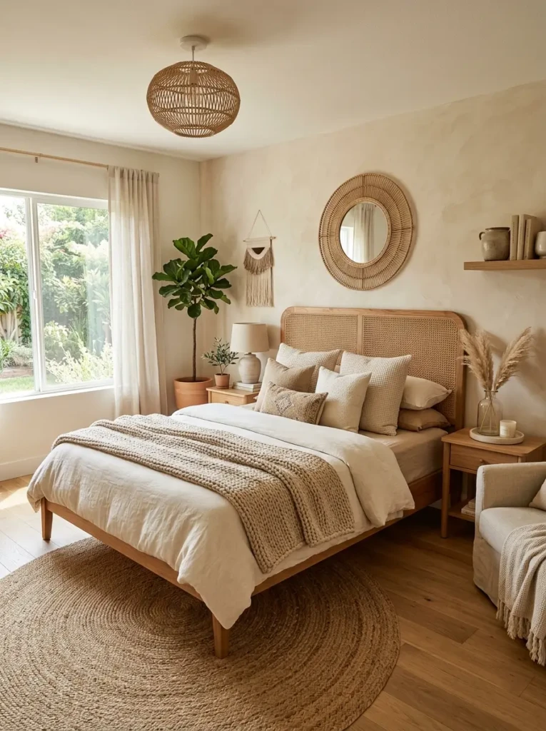 Organic modern bedroom featuring jute rug, wicker accents, and textured bedding.