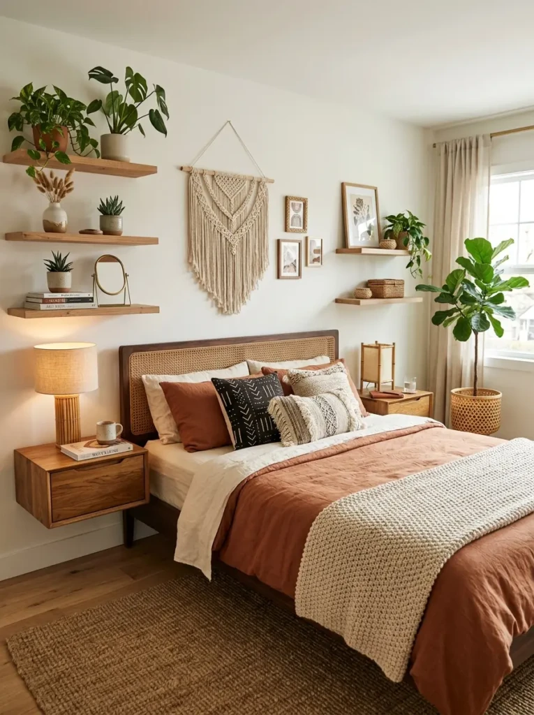 Wooden shelves, bedside tables, and natural accents in a bright bedroom.