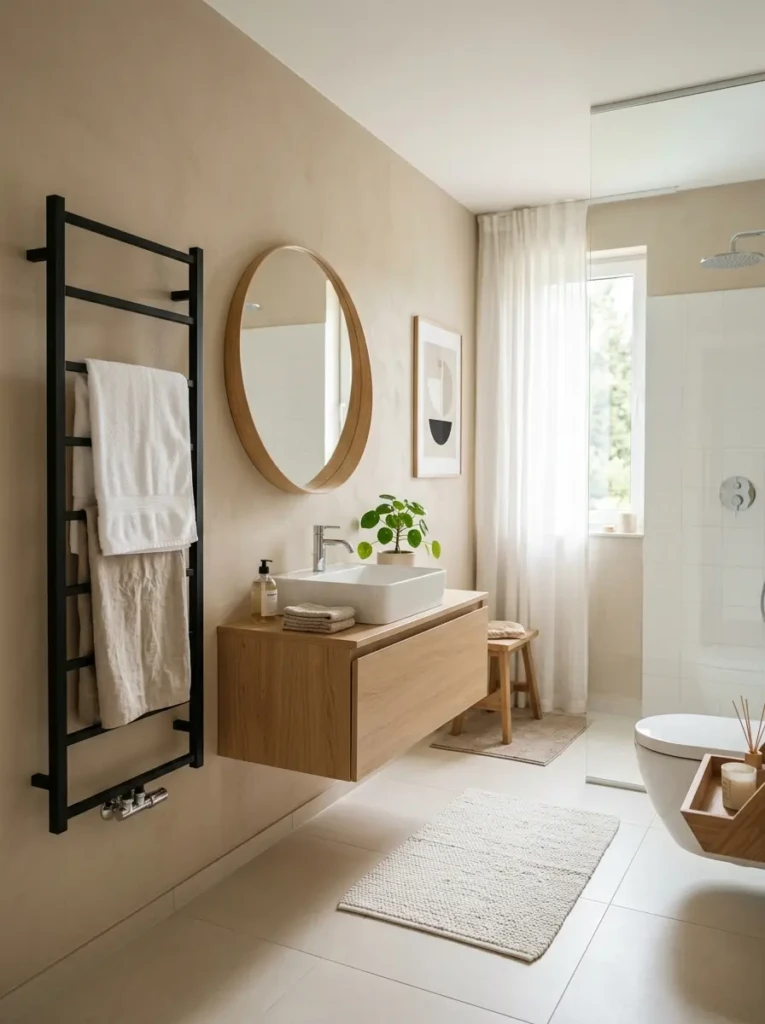 Beige and white bathroom featuring a sleek towel rack and simple modern decor.