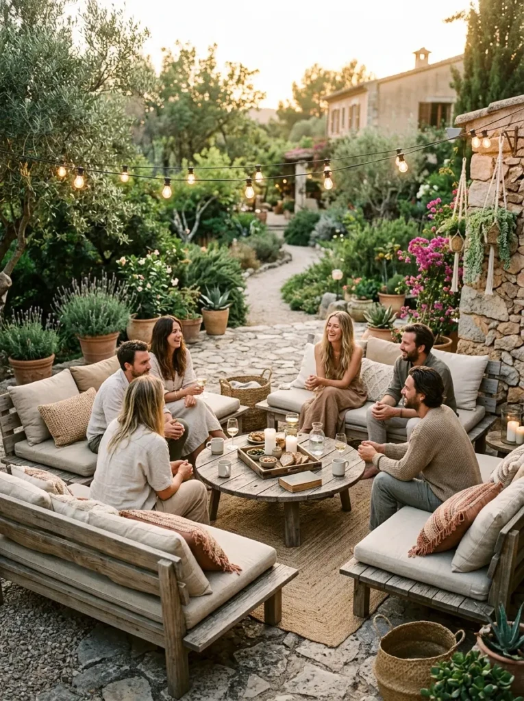 Natural wood benches with soft cushions creating a relaxed boho outdoor gathering space