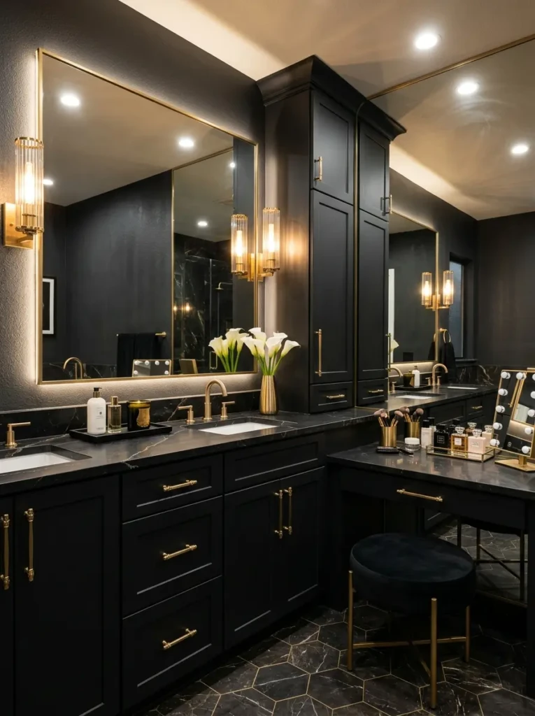 Dramatic black bathroom vanity with makeup area, gold hardware, statement mirror, and designer-inspired styling.