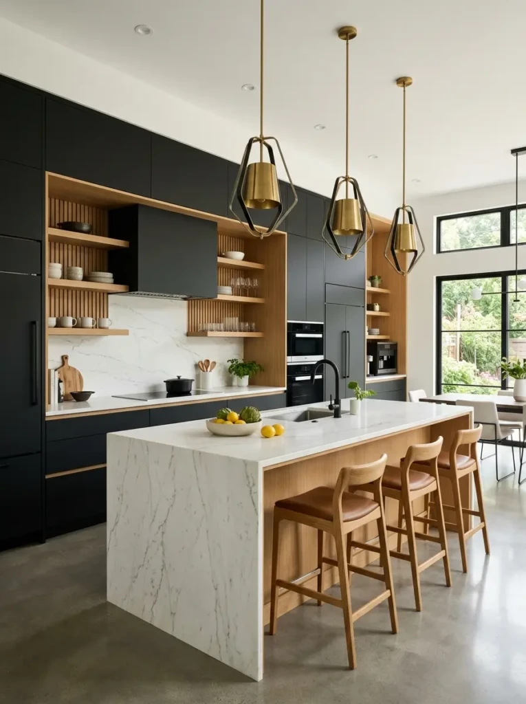 Matte black kitchen cabinetry balanced with white countertops, wood textures, and statement lighting.