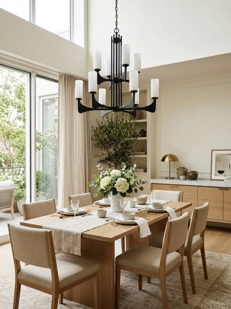 Black chandelier creating striking contrast against bright white walls.