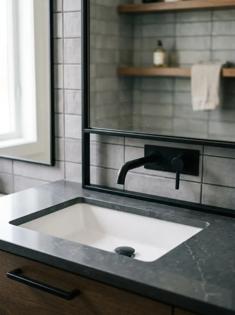 Close-up of black faucets, mirror frames, and stylish bathroom accessories