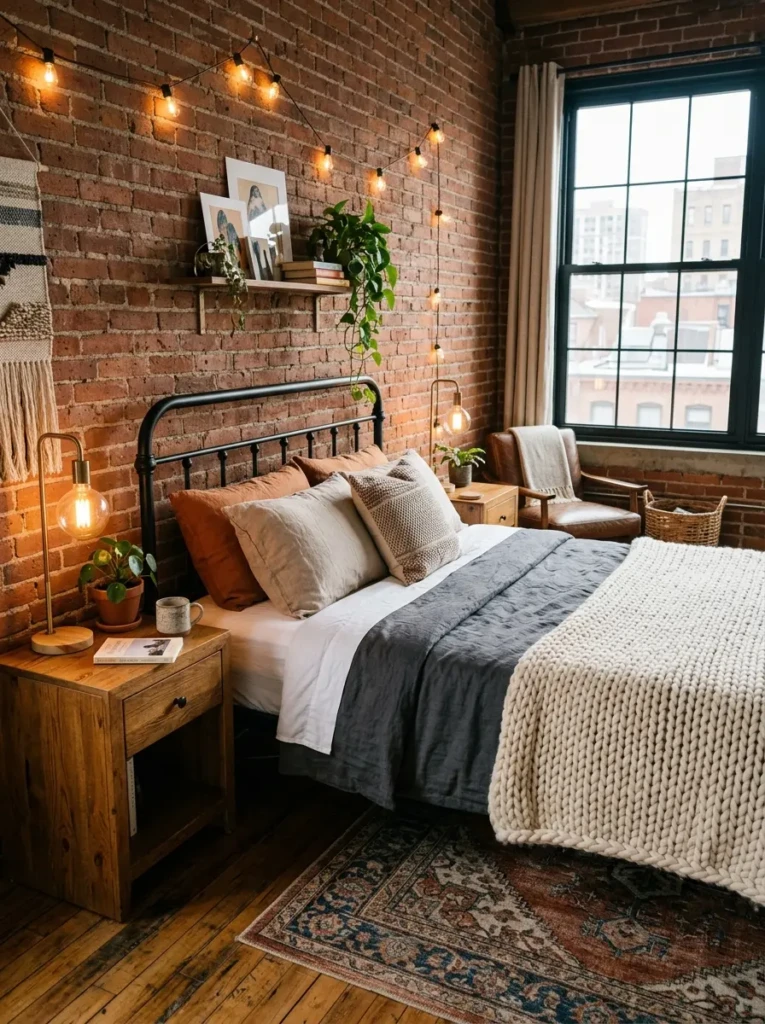 Industrial-style bedroom with a black metal bed frame, brick wall, and warm wood accents