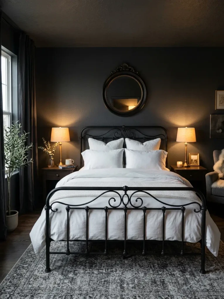 Dark and dramatic bedroom featuring a metal bed frame against charcoal-colored walls