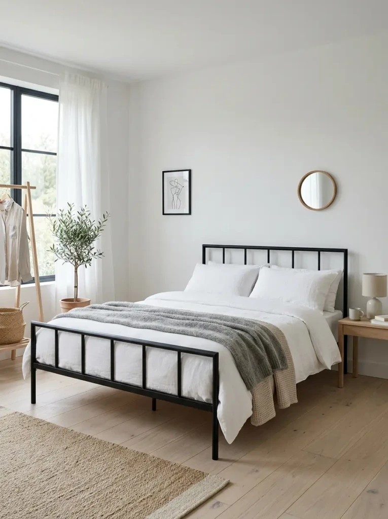 Bright Scandinavian bedroom with a black metal bed frame and minimalist decor
