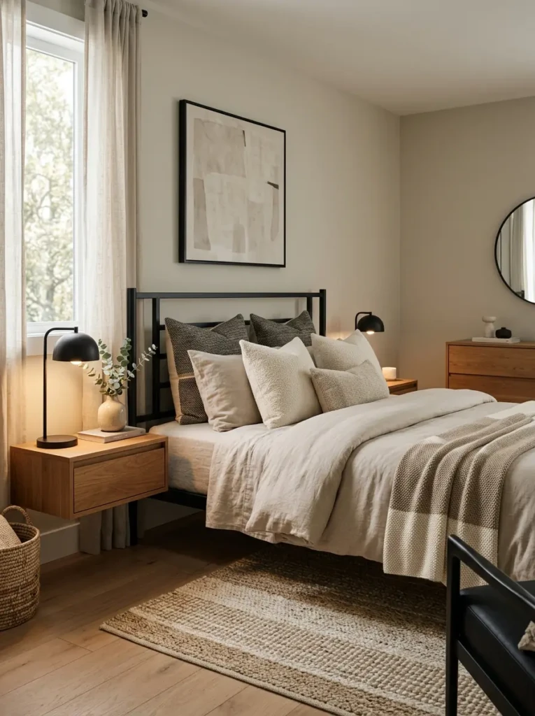Elegant bedroom featuring a matte black metal bed frame and neutral layered bedding