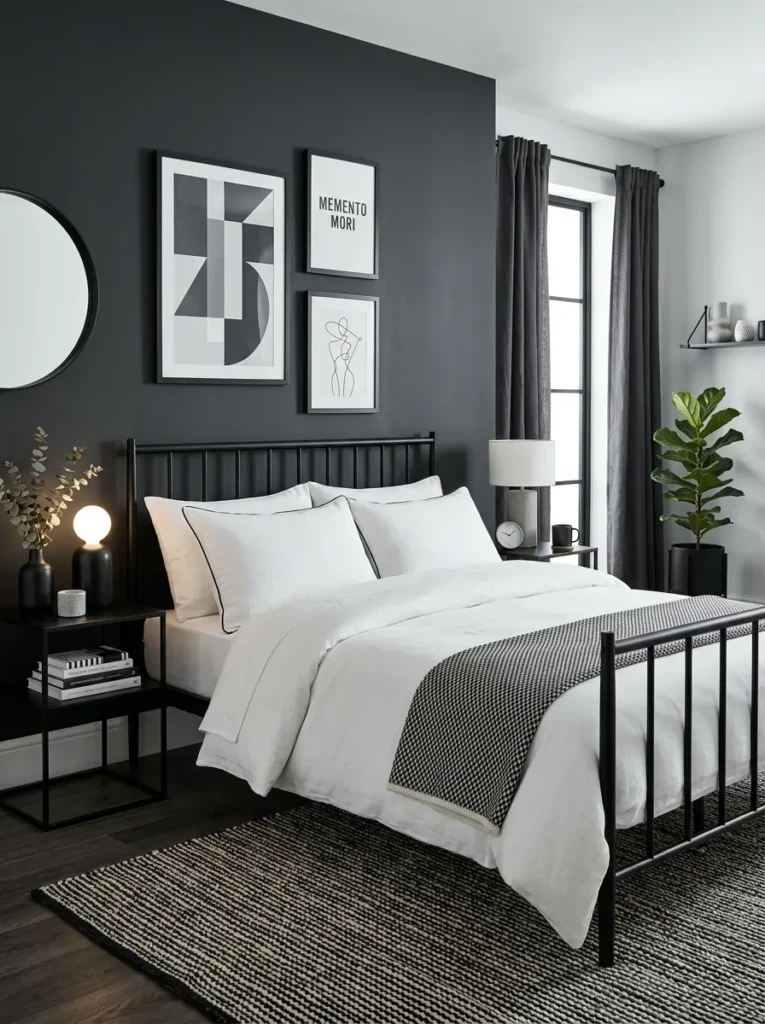 Modern monochrome bedroom featuring a black metal bed frame and crisp white bedding