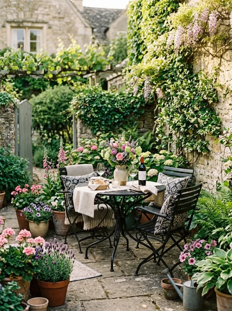 Small patio featuring black metal furniture and colorful flower planters.