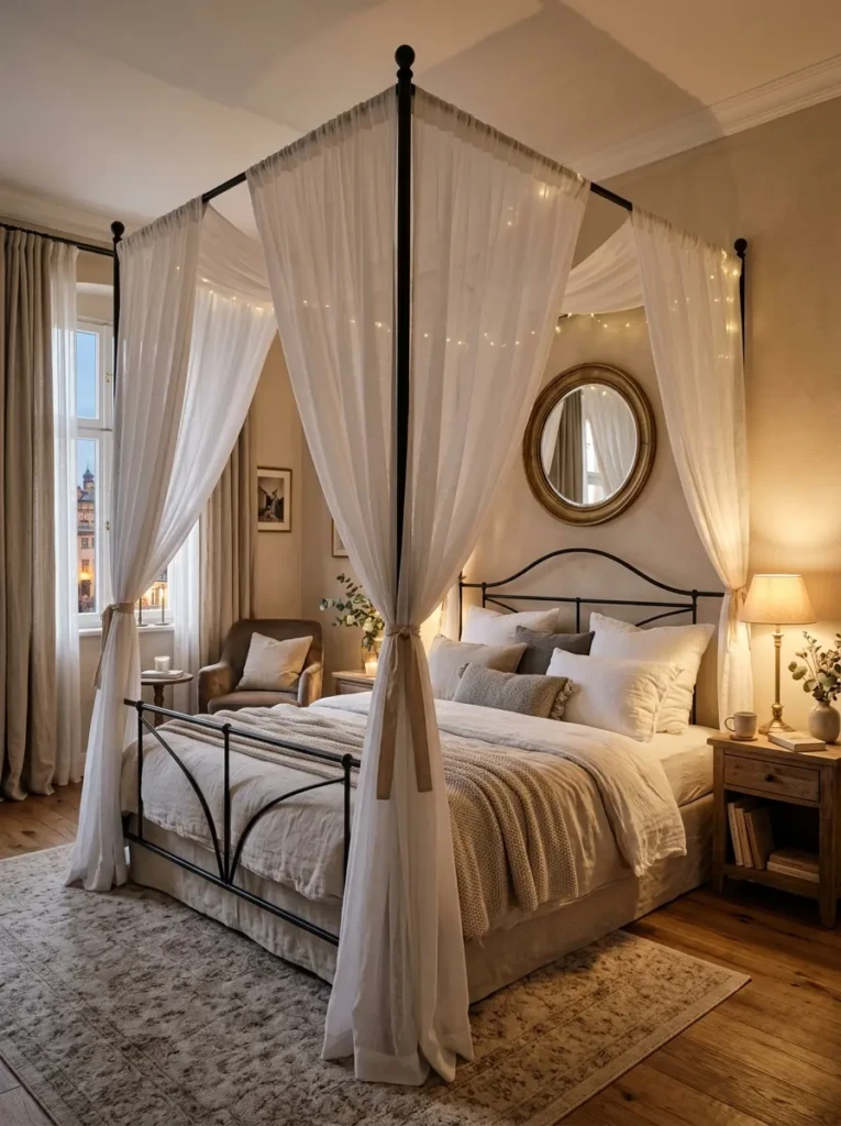 Dreamy bedroom featuring a metal canopy bed frame with flowing sheer curtains