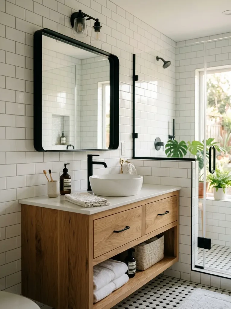 Black-framed mirror paired with wood accents and subway tile walls.