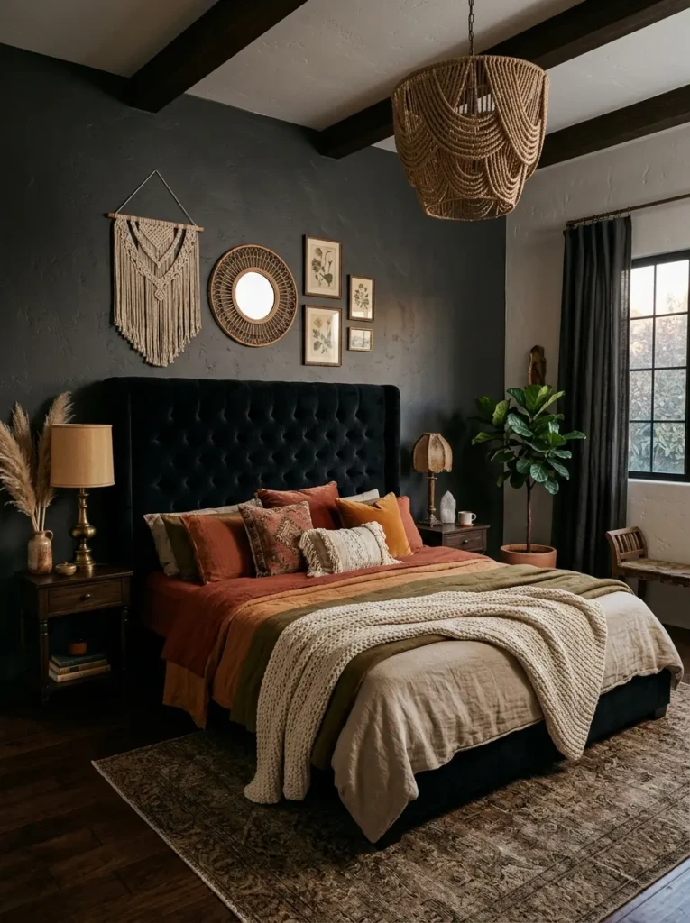 Velvet headboard surrounded by earthy bedding and cozy decor.