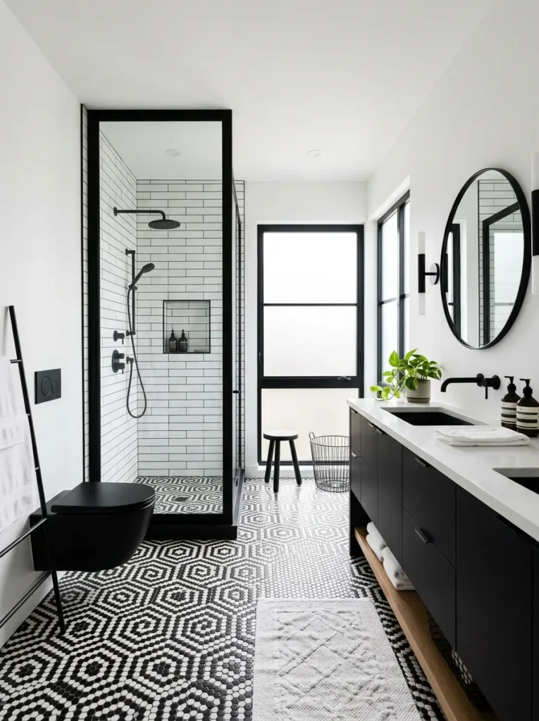 Stylish black and white bathroom with geometric tiles, modern fixtures, and bold contrast.