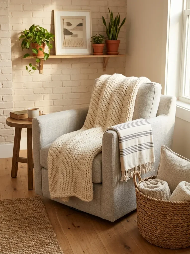 Natural materials and cozy fabrics enhance a welcoming living room.