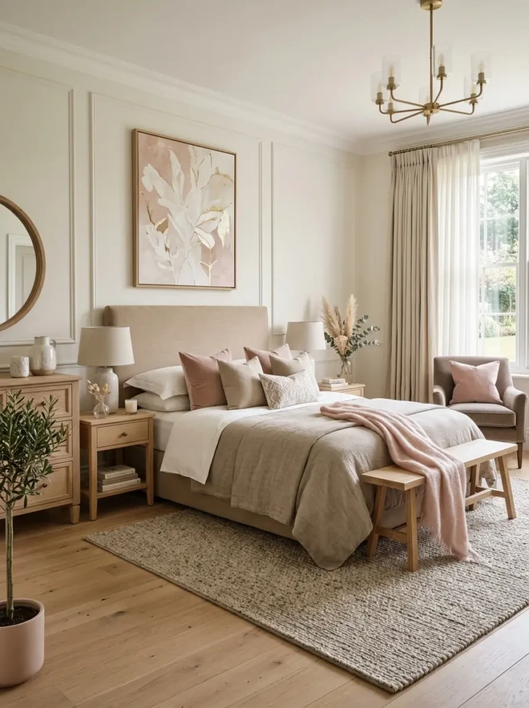 Elegant bedroom combining blush accents with ivory, taupe, and natural wood