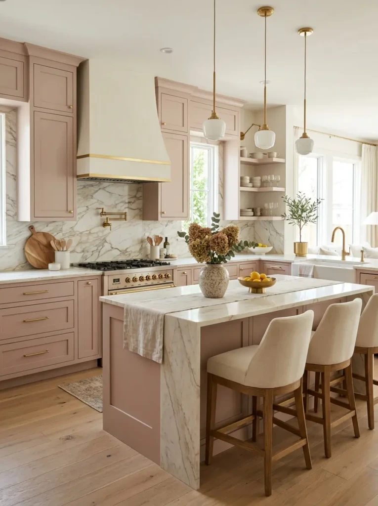 Pale blush cabinetry paired with marble surfaces and brushed gold accents in a stylish kitchen.