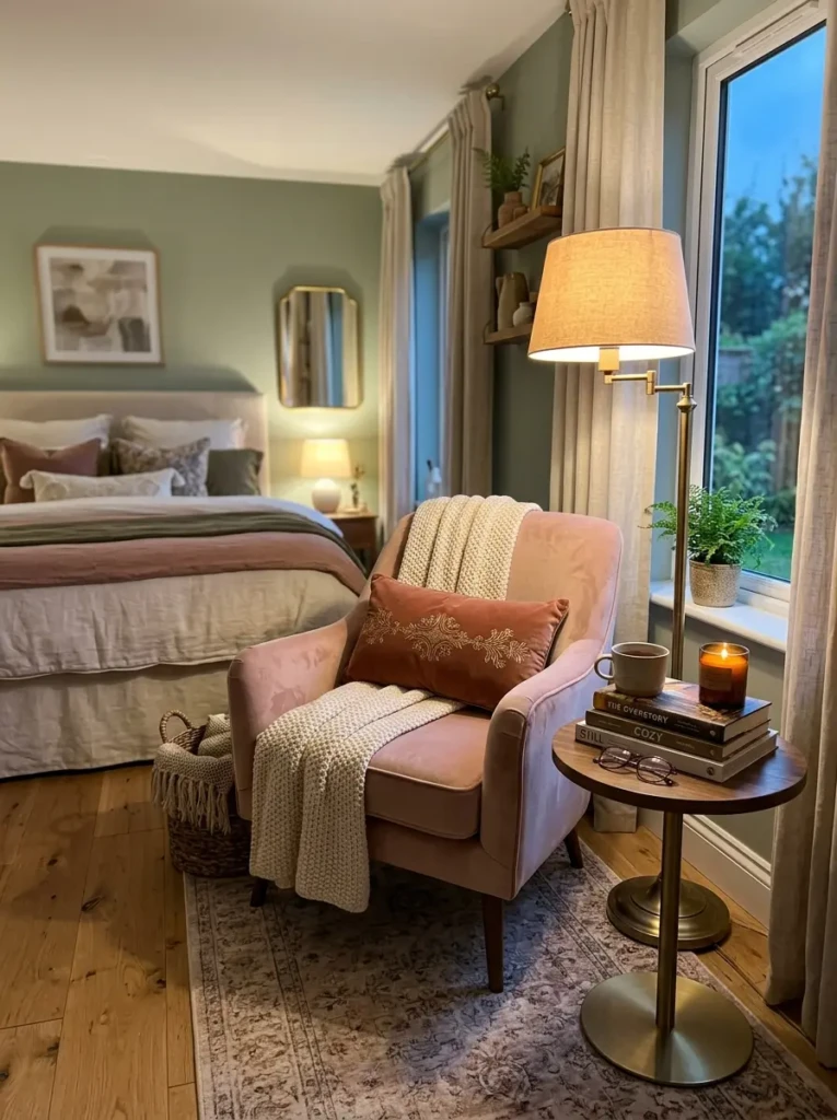 Accent chair, side table, and lamp arranged in a relaxing pink bedroom nook