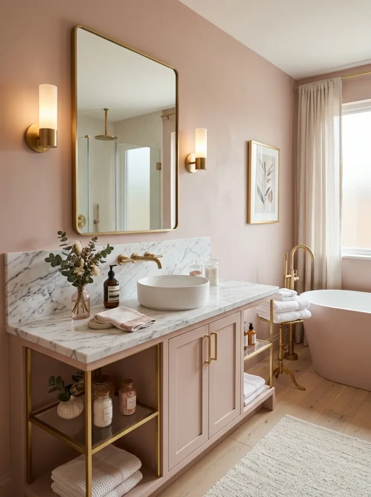 Charming blush pink bathroom with marble surfaces, gold fixtures, and warm elegant decor.