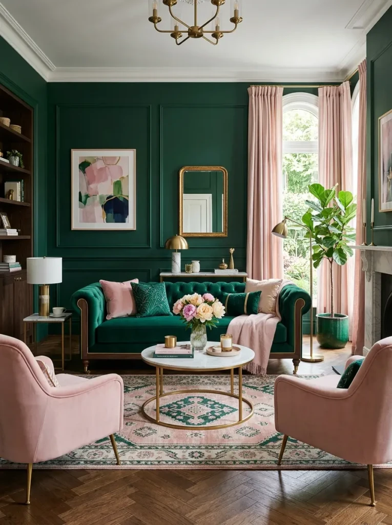 Colorful living room combining blush pink and emerald green furniture with sophisticated styling.
