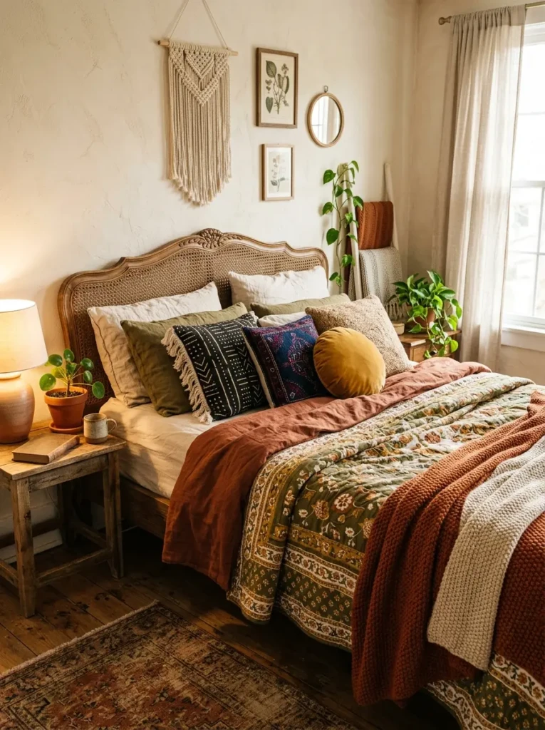 Relaxed bohemian bed styling with earthy-toned linen layers.