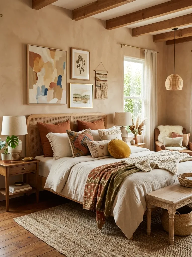 Decorative pillows and throws in earthy shades creating a warm boho aesthetic.