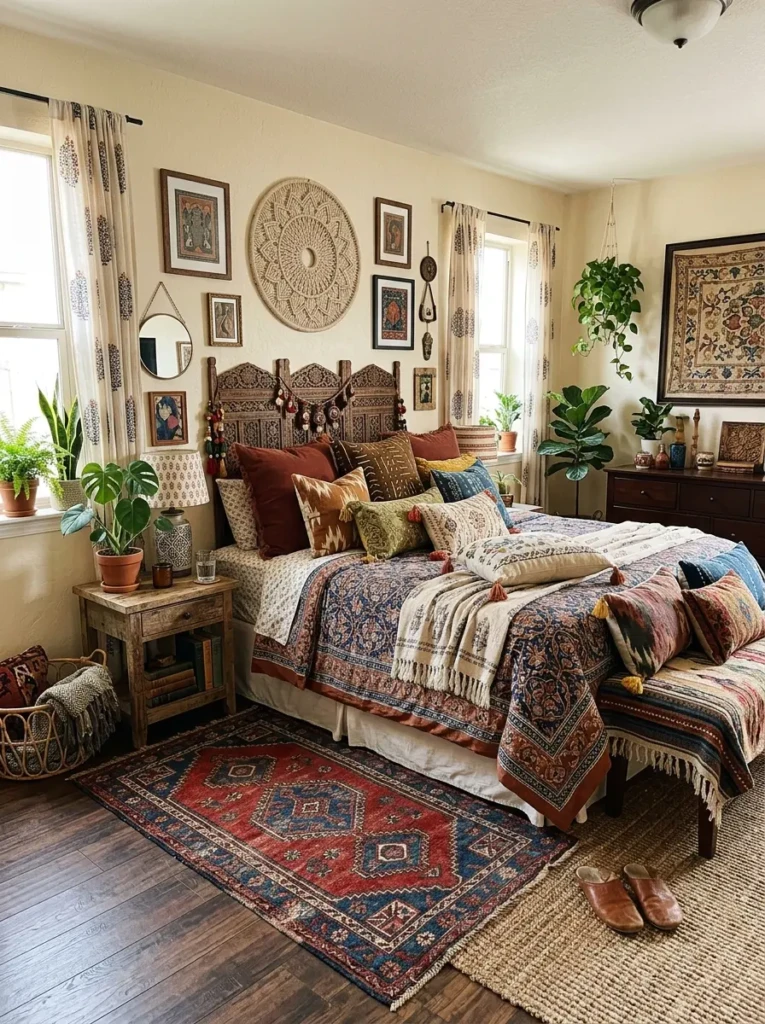 Coordinated boho bedroom featuring ethnic-inspired prints and vibrant textures.