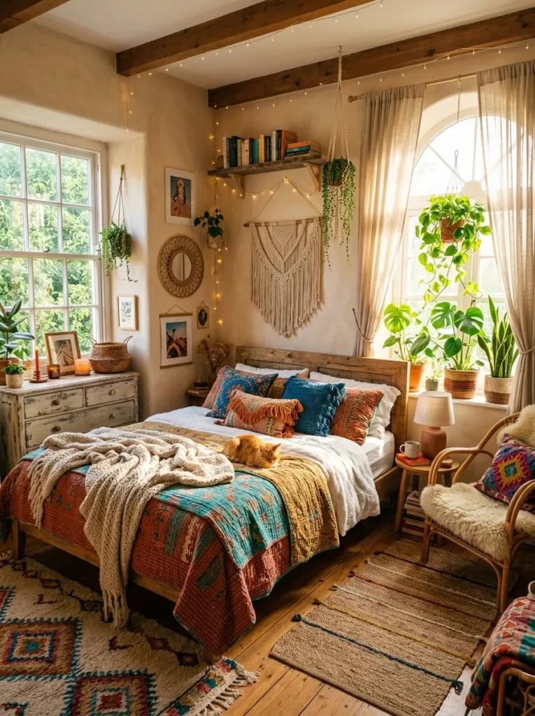 Sunlit colorful boho bedroom with layered textures and a peaceful atmosphere.