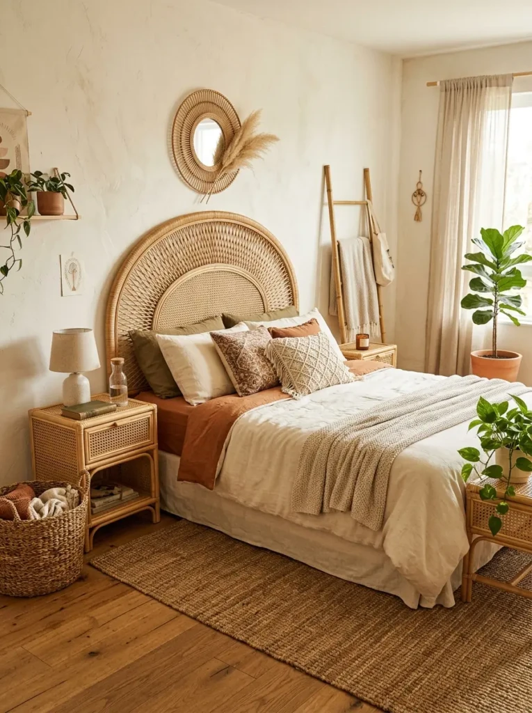 Boho bedroom featuring rattan headboard, woven baskets, and bamboo decor.