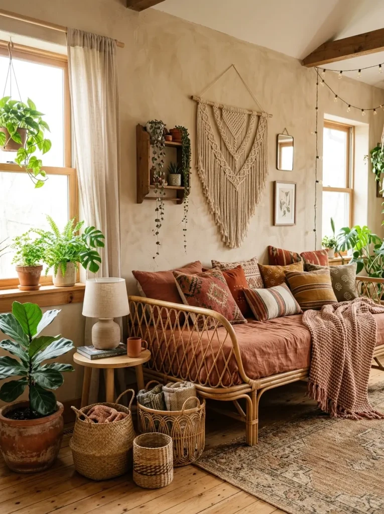 Bohemian bedroom with rattan day bed, layered textiles, indoor plants, and warm earthy tones.