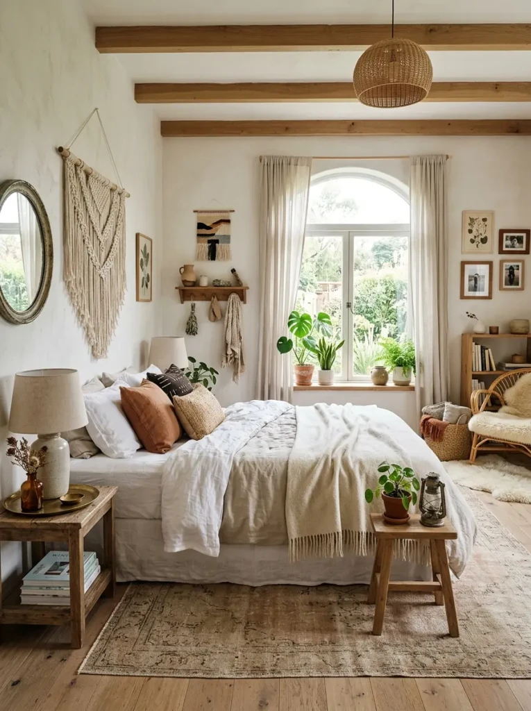 Airy bohemian bedroom with uncluttered surfaces and thoughtfully chosen accessories.