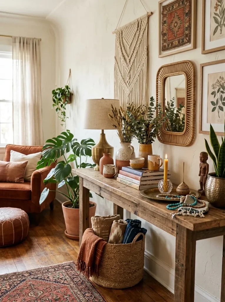 Handmade accessories displayed throughout a dark boho bedroom.