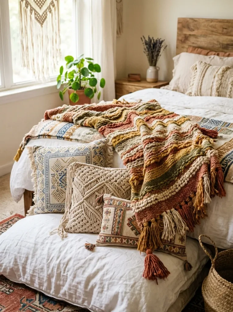 Close-up of handcrafted décor pieces adding texture and warmth to a bedroom.