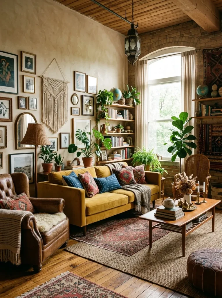 Eclectic bedroom blending vintage treasures with contemporary furnishings.
