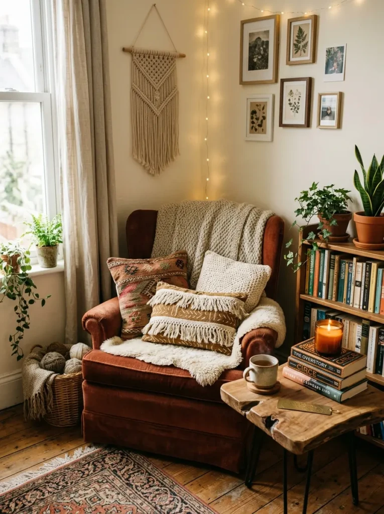 Small reading area with books, candles, and textured pillows.